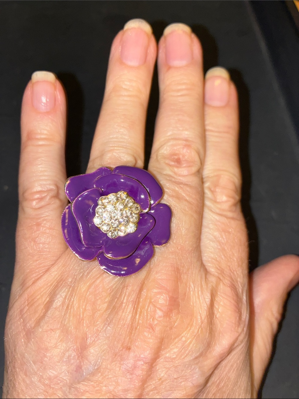 Purple Enamel Flower Stretch Ring with Crystal Center